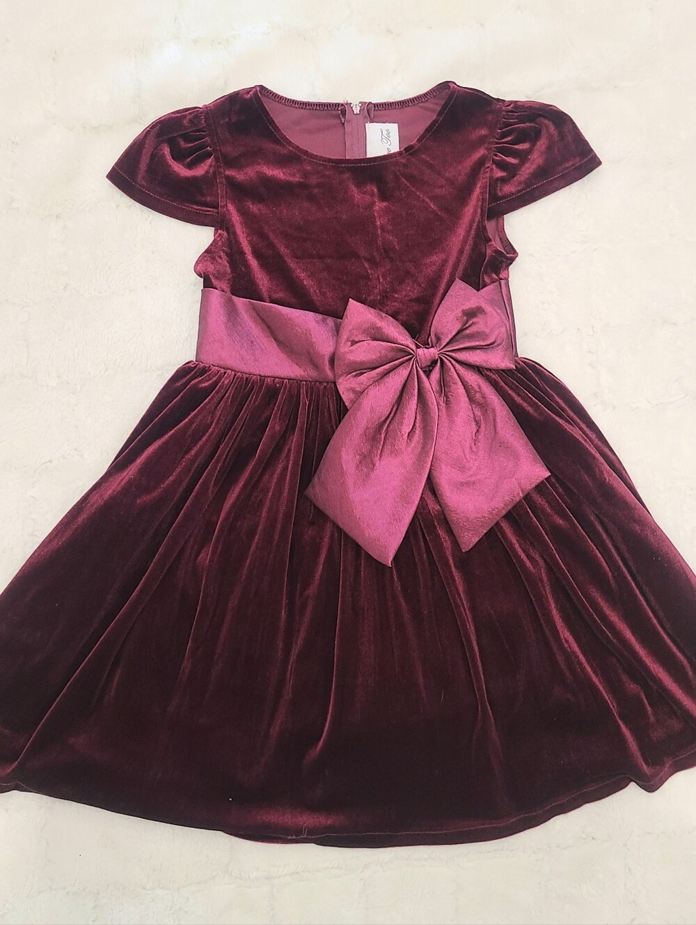 Velvet Bow-Accent Burgundy Girls' Dress